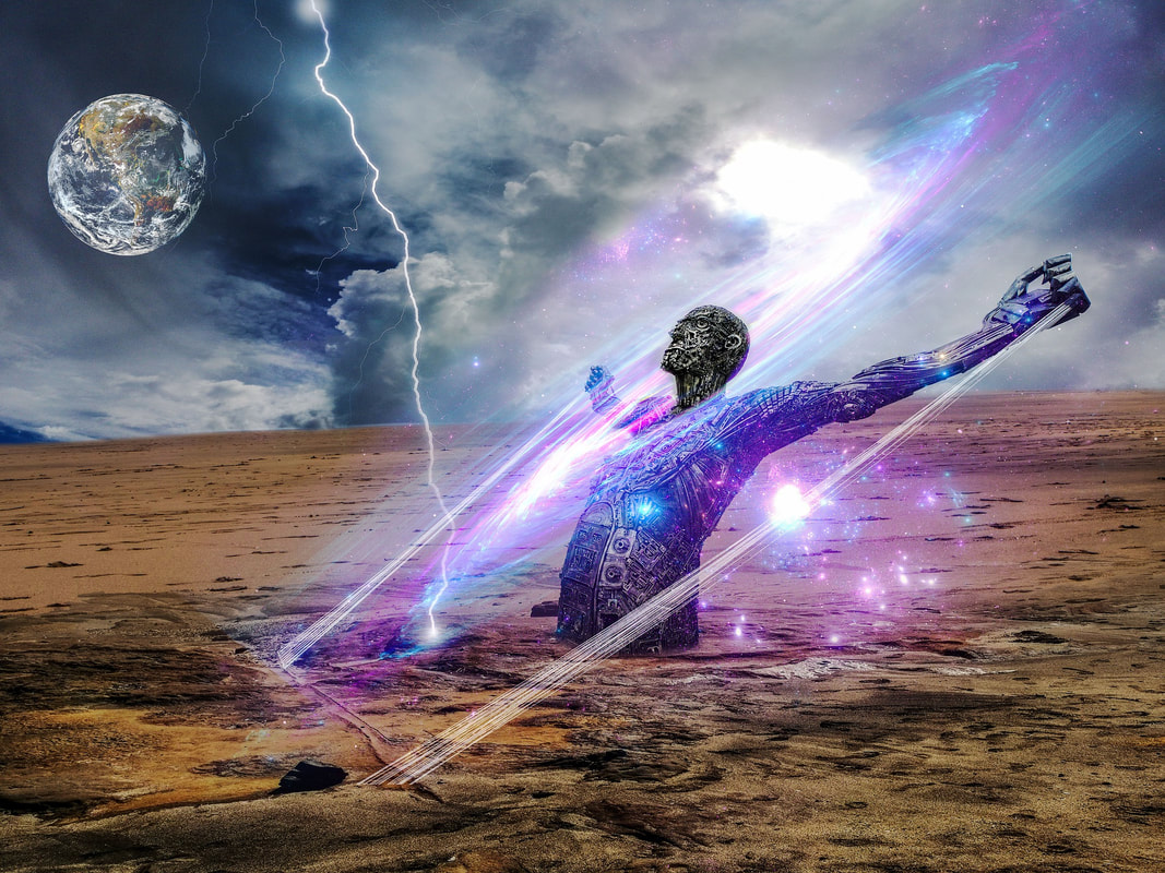 Robotic humanoid figure coming out of the earth with magical elements and lightning