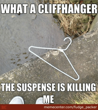 Meme of a clothes hanger on the cliff of a step with the words, 