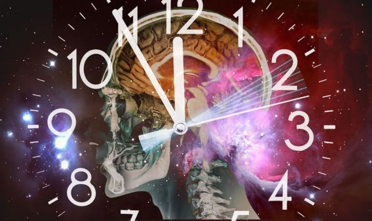 Picture of a clock face overlaid on the xray of a skull overlayed on the image of a brain and eyeball in the skull